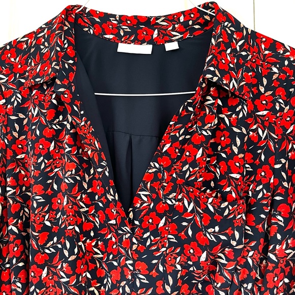NY&Co Midi Dress w/ Red Floral Print on Navy, 3/4 Sleeve V-neck Belted sz L - Picture 7 of 12